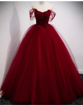 Off the Shoulder Burgundy Tulle Ball Gown Prom Dress PD2303