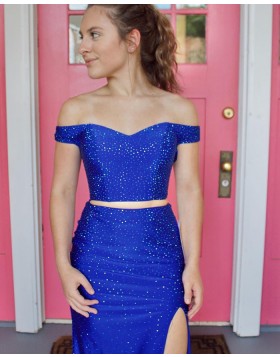 Two Piece Off the Shoulder Blue Beading Mermaid Prom Dress with Side Slit PD2310