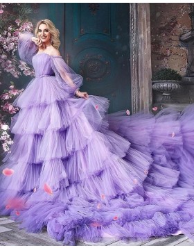 Off the Shoulder Lavender Tulle Long Sleeve Evening Dress with Layered Skirts PD2335