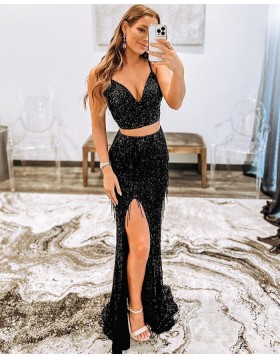 Two Piece Black Sequin Mermaid Prom Dress with Side Slit & Tassels PD2339