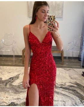 Spaghetti Straps Red Mermaid Sequin Prom Dress with Side Slit & Tassels PD2341