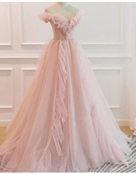 V-neck Light Pink Ruched Tulle Beading A-line Evening Dress PD2344