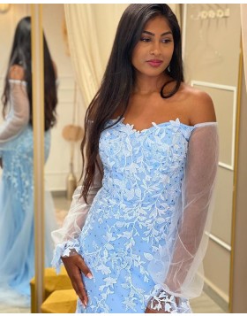 Off the Shoulder Blue Applique Tulle Prom Dress with Long Sleeves PD2345