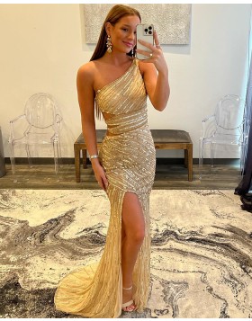 One Shoulder Gold Strappy Sequin Cutout Prom Dress with Side Slit PD2352