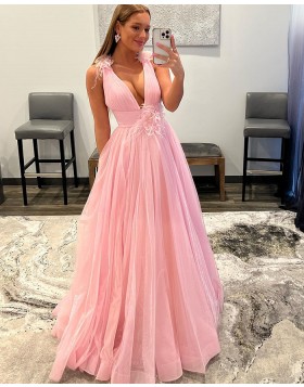 Simple Pearl Pink Tulle V-neck Prom Dress with Feathers PD2362