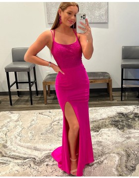 Spaghetti Straps Blushing Pink Beading Mermaid Prom Dress with Side Slit PD2364