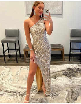 Gorgeous One Shoulder Beading Prom Dress with Side Slit & Tassels PD2367