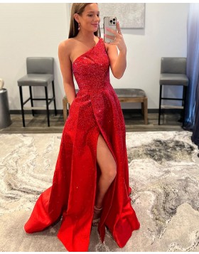 One Shoulder Red Beading Satin Prom Dress with Pockets PD2368