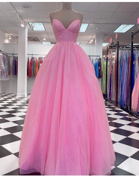 Spaghetti Straps Metallic Tulle Pink A-line Prom Dress PD2375