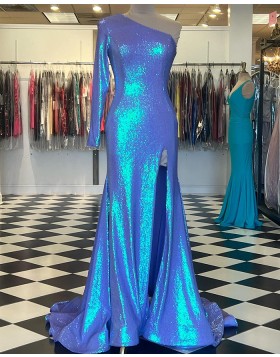 One Shoulder Long Sleeve Blue Sequin Mermaid Prom Dress with Side Slit PD2402