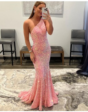 One Shoulder Pink Sequin Mermaid Prom Dress PD2406