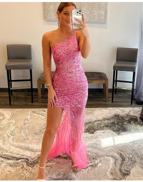 Blushing Pink Stripe Sequin One Shoulder Prom Dress with Side Slit PD2407
