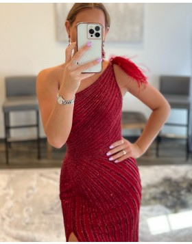 One Shoulder Burgundy Stripe Sequin Mermaid Prom Dress with Feather PD2408