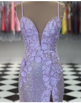 Spaghetti Straps Lavender Sequin Handmade Flowers Prom Dress with Side Slit PD2425