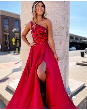 One Shoulder Red Mirror Beading Bodice Prom Dress with Side Slit PD2440
