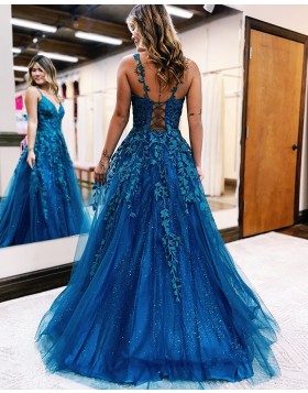 V-neck Blue Sparkling Applique Tulle A-line Prom Dress PD2471