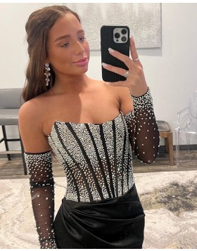 Strapless Beading Bodice Side Slit Black Prom Dress with Removable Sleeves PD2492