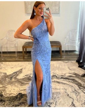 One Shoulder Light Blue Lace Applique Prom Dress with Side Slit PD2493