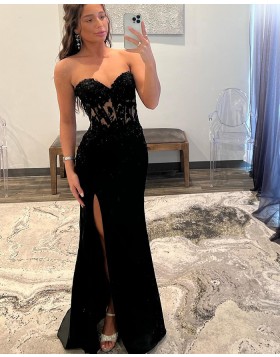 Sweetheart Black Lace Bodice Mermaid Prom Dress with Side Slit PD2498