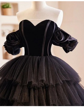Sweetheart Black Short Sleeve Evening Dress with Layered Skirt PD2502