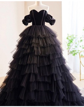 Sweetheart Black Short Sleeve Evening Dress with Layered Skirt PD2502