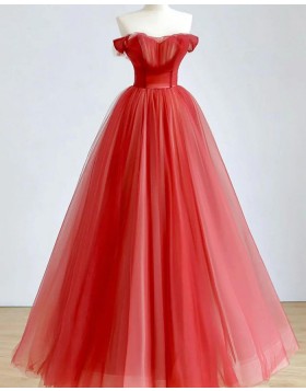 Off the Shoulder Red Tulle Evening Dress PD2503