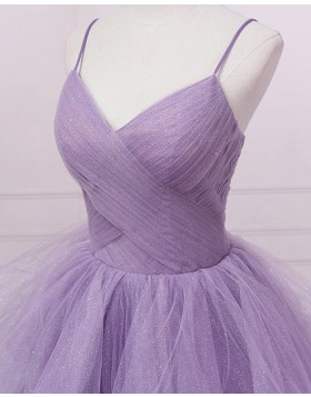 Elegant Spaghetti Sparkle Lavender Ruffled Evening Dress PD2506