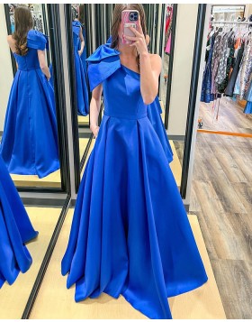 One Shoulder Blue Satin Prom Dress with Pockets & Bowknot PD2509