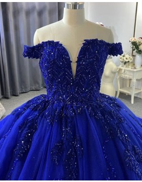 Off the Shoulder Beading Bodice Royal Blue Tulle Ball Gown Evening Dress PD2525