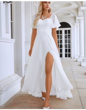 Simple Queen Anne White Chiffon A-line Side Slit Prom Dress with Short Sleeves PD2532