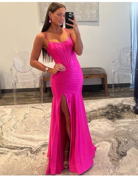 Simple Spaghetti Straps Pink Ruched Satin Mermaid Prom Dress with Side Slit PD2535