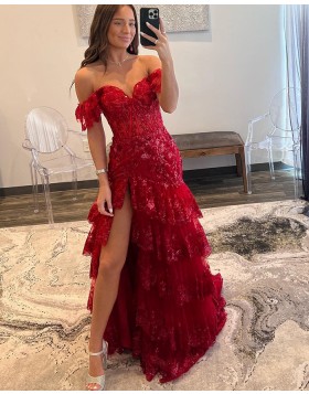 Off the Shoulder Red Sequin Lace Layered Prom Dress with Side Slit PD2538