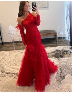 One Shoulder Lace Bodice Ruffle Mermaid Prom Dress with Removable Sleeves PD2539