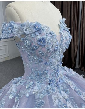 Off the Shoulder Dusty Blue Applique Tulle Ball Gown Quinceanera Dress PD2546