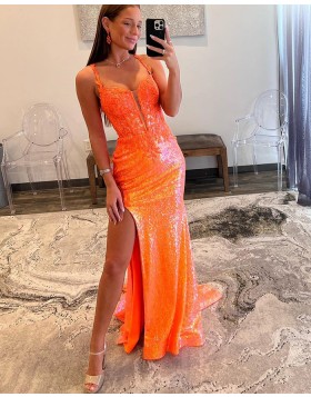 Spaghetti Straps Orange Sequin Mermaid Prom Dress with Appliques PD2550