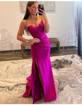 Sweetheart Eggplant Color Ruched Satin Mermaid Prom Dress with Side Slit PD2551