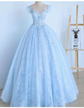 V-neck Sky Blue Applique Lace Ball Gown Prom Dress PD2557