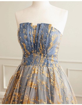 Unique Strapless Gold & Blue Ruched Prom Dress PD2558