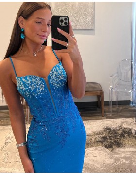 Spaghetti Straps Beading Blue Mermaid Prom Dress with Side Slit PD2564