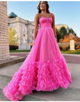 Special Strapless Pink Tulle Ruffled Prom Dress PD2593