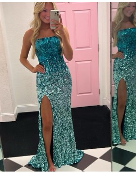 Strapless Green Ombre Sequin Prom Dress with Side Slit PD2621