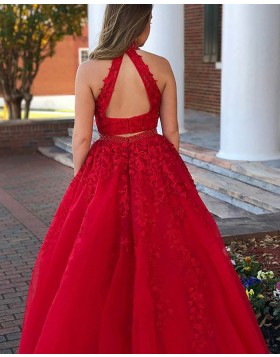 High Neck Two Piece Lace Appliqued Red Long Prom Dress PM1133