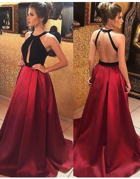 High Neck Black and Red Satin Cutout Long Prom Dress PM1157