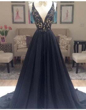 Gorgeous Black V-neck Beading Bodice Satin Evening Dress PM1162
