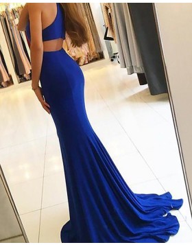 High Neck Blue Mermaid Satin Prom Dress with Side Slit PM1171