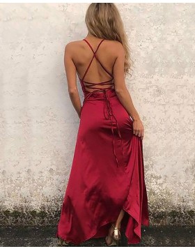 Simple Spaghetti Straps Tight Red Satin Long Prom Dress with Side Slit PM1172