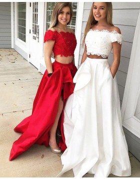 Two Piece White Off the Shoulder Slit Prom Dress with Pockets PM1214