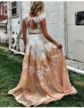 Amazing High Neck Two Piece Lace Bodice Ombre Long Prom Dress PM1265