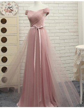 Off the Shoulder Dusty Pink Ruched Tulle Long Bridesmaid Dress PM1285