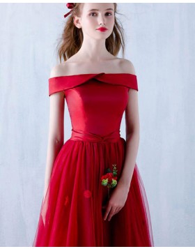 Off the Shoulder Red Satin Long Prom Dress with Handmade Flowers PM1304